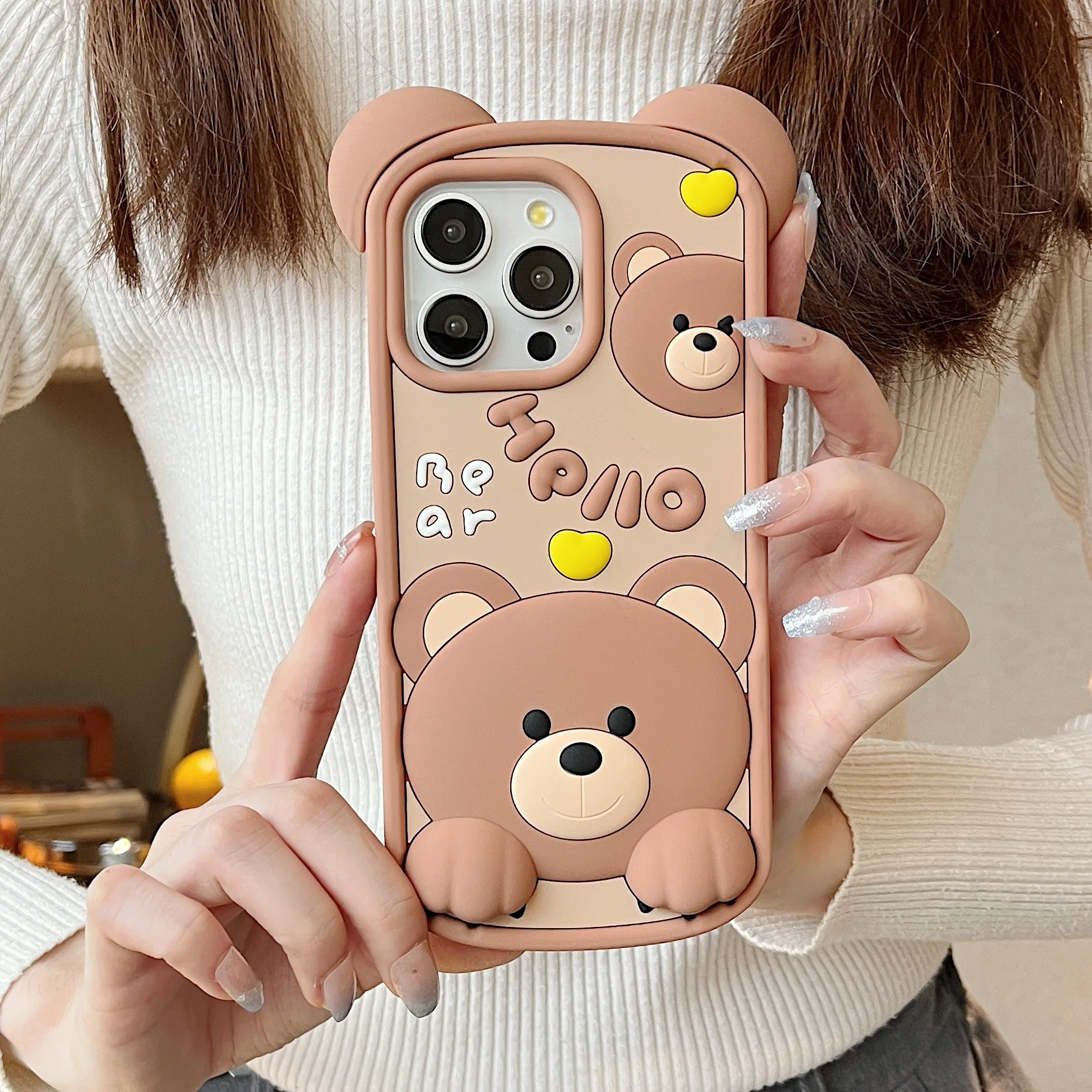 

3D Cute Cartoon Case, Soft Silicone Phone Back Cover, Skin Shell, iPhone 11, 12, 13, 14, 15Pro Max Shockproof Protector, 3D Bear