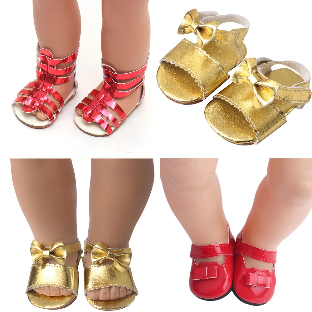 18 Inch Doll Girl 43cm Doll Fashion Sandals Small Leather Shoes Doll Summer Versatile Gold and Red Shoes Doll Accessories