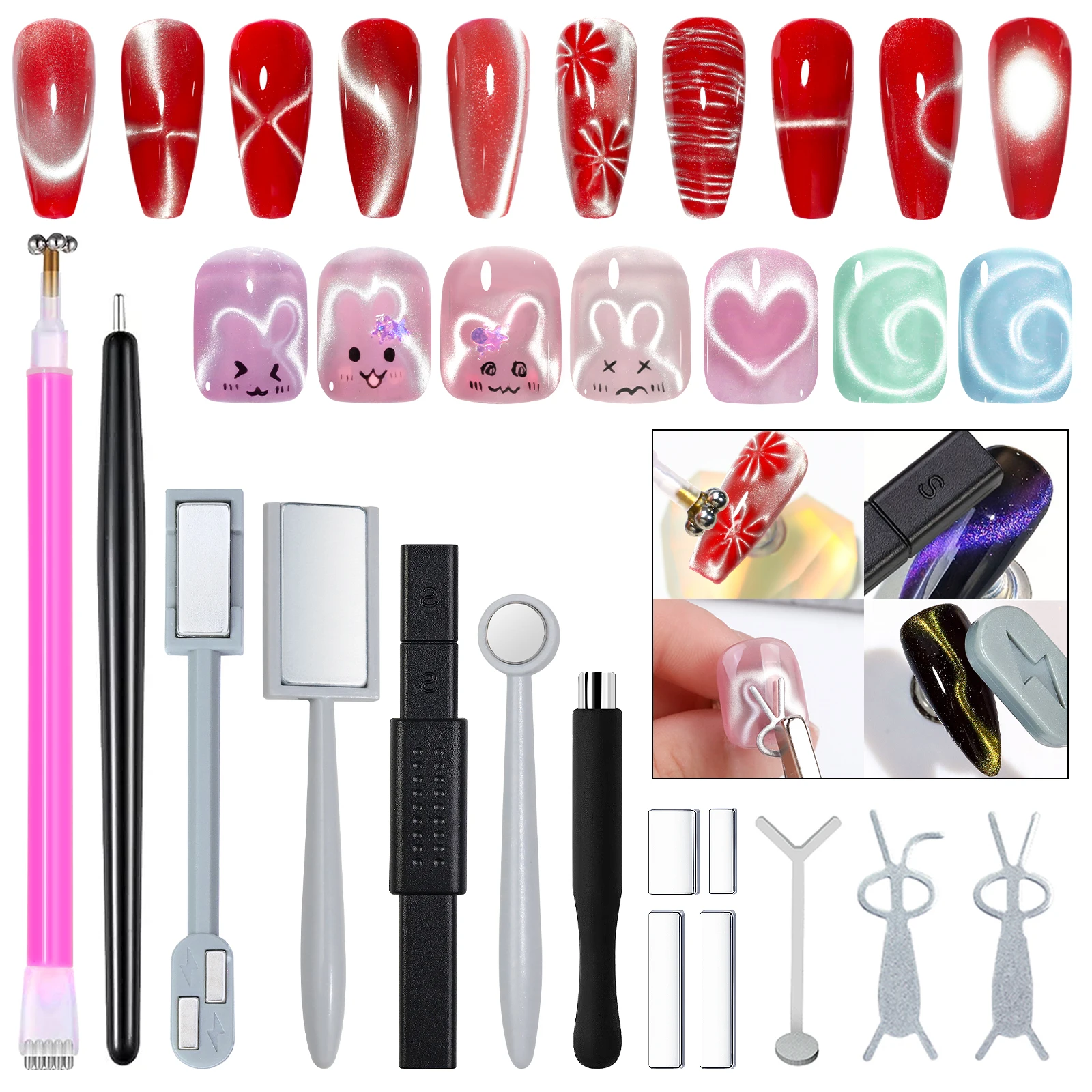 14pcs Cat Eye Nail Magnet Set Magnetic Stick Tools for Nail Art Magnetic Blocks for Gel Polish Effect Nail Art Accessories Kit