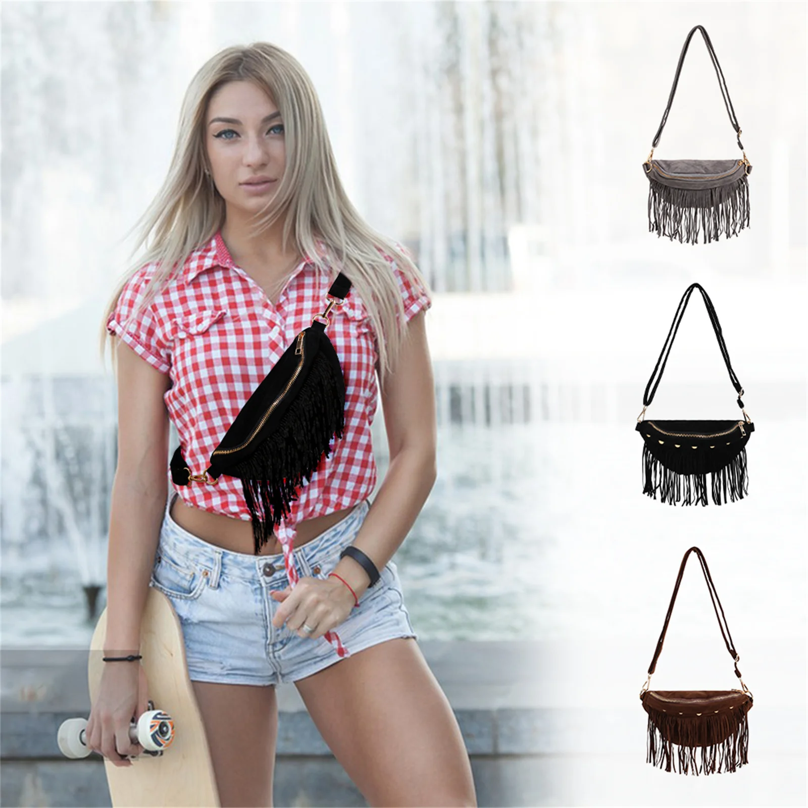 Detachable Tassels Chest Bags For Women Faux Suede Crossbody Bag Fringe Waist Bag For Outdoors Hiking Traveling