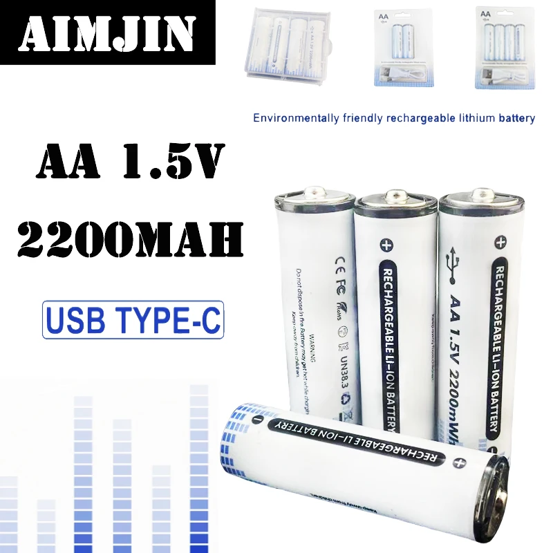 

AA 1.5V 2200mAh/2500MAH Rechargeable Lithium ion Battery Large Capacity Type-C for Mic Toy Flashlight