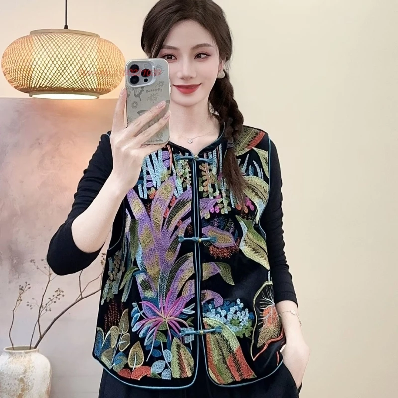 2025 الصينية التقليدية hanfu القمم خمر المخملية الشعبية سترة الوطنية زهرة التطريز جاكيت بلا إكمام العرقية س الرقبة سترة