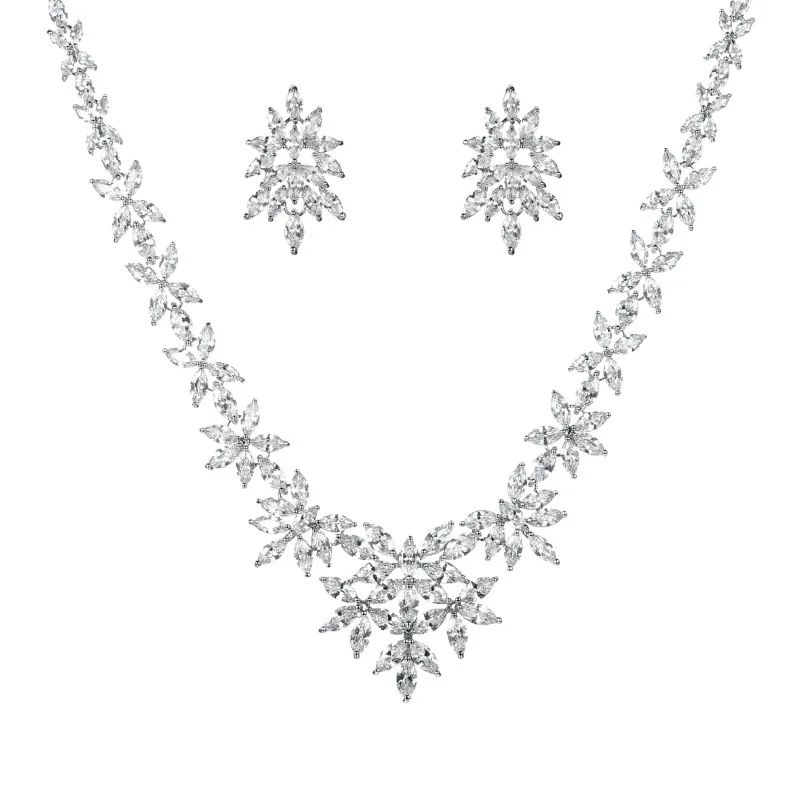 WEIMANJINGDIAN Brand Luxury Marquise Cut Cubic Zirconia Cluster Wedding Necklace and Earring Bridal Jewelry Set