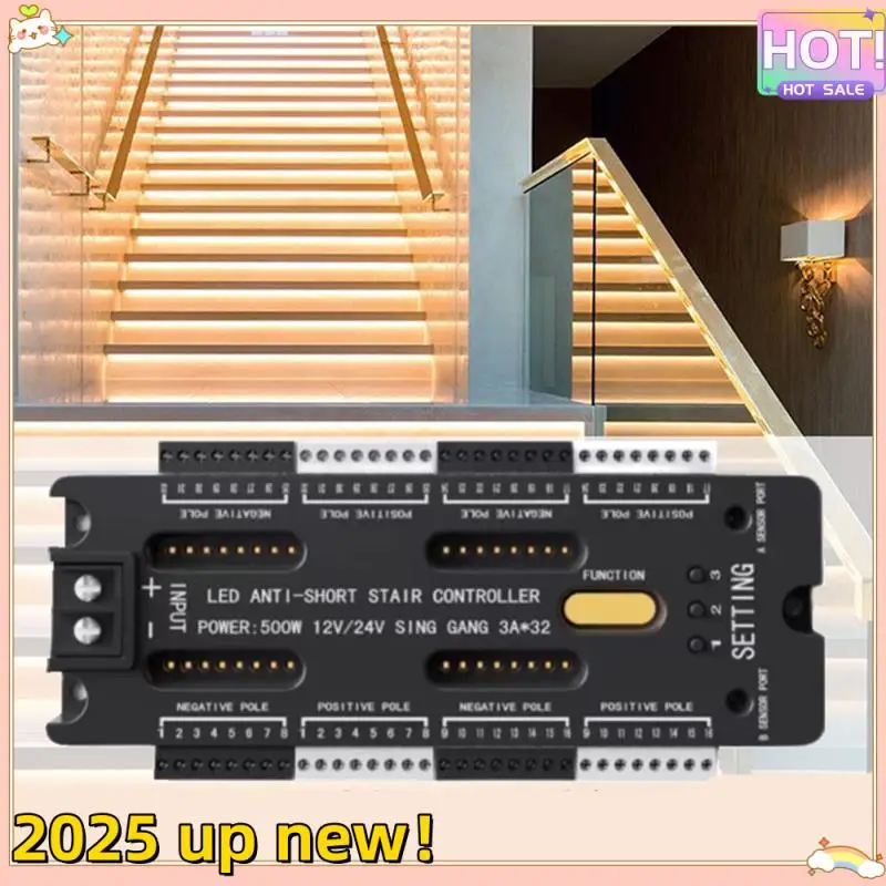 Pengendali Sensor Gerak LED Tangga Kualitas Unggul 32 Saluran Peredupan Pencahayaan Malam Dalam Ruangan 12V/24V Pita LED Langkah Tangga Con