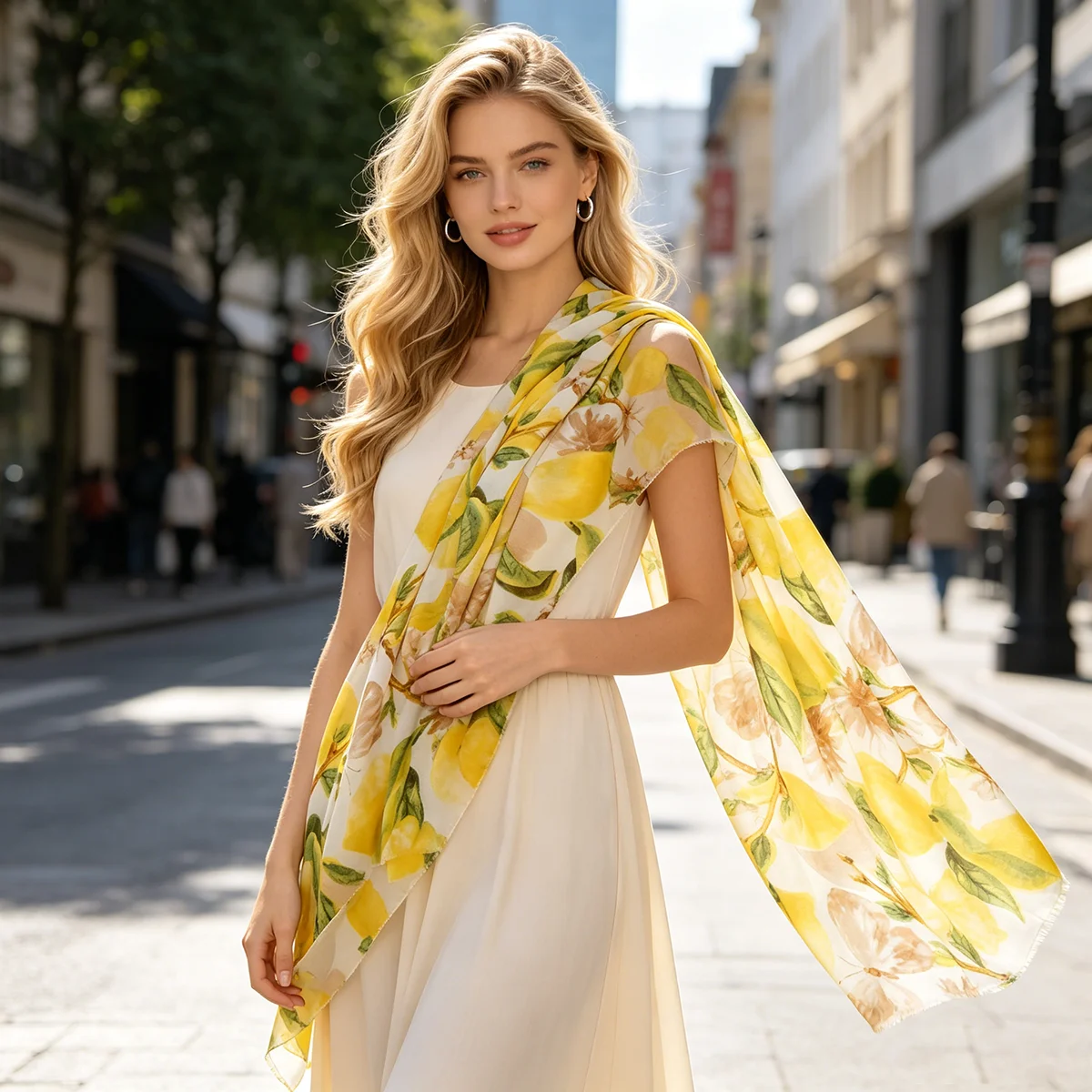 Women's Lemon Floral Butterfly Printed Scarf, Lightweight Long Shawl with Fruit Pattern, 180x88cm Elegant Neck Wrap for Daily