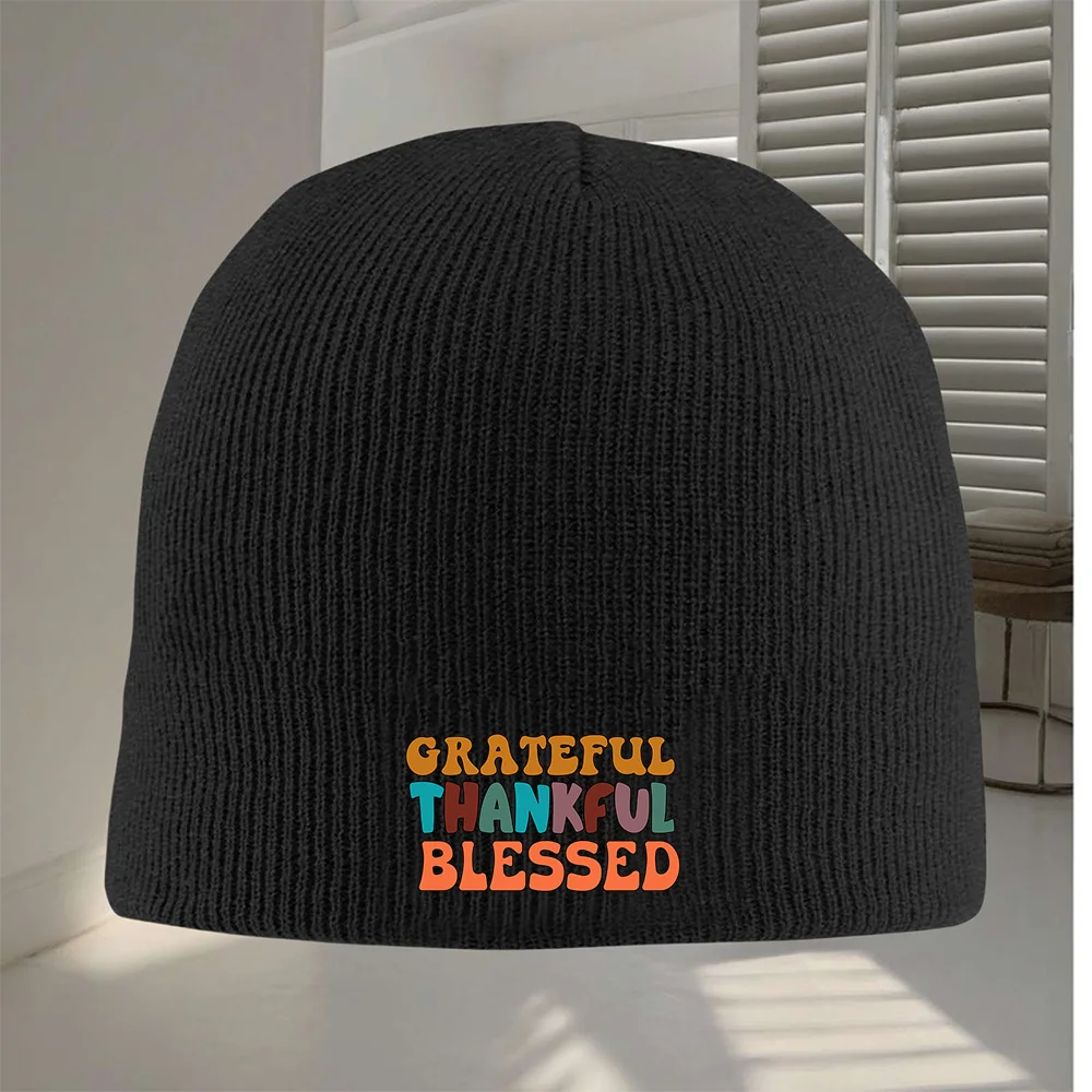 1pc Grateful Thankful Blessed Beanie Hat Multicolor Green Blue Pink Purple Yellow Inspirational Knit Cap for Men Women Print