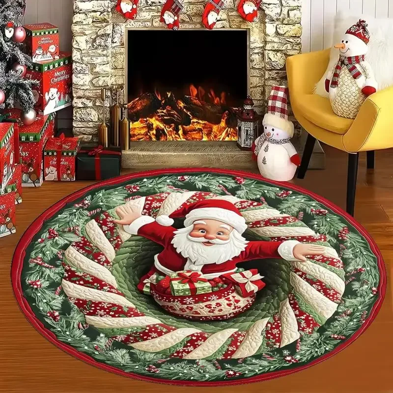 Christmas 3D Illusion Round Rug Santa Candy Cane Vortex Print Non Slip Floor Mat For Bedroom Xmas Home Party Decor