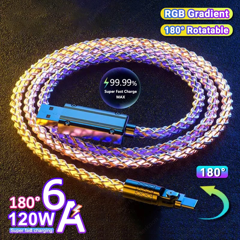 6A 120W USB-C-Kabel mit 180-Grad-Drehung, Micro-USB-Typ-C-Telefonkabel für Samsung, Xiaomi, Huawei, leuchtendes LED-Schnellladekabel