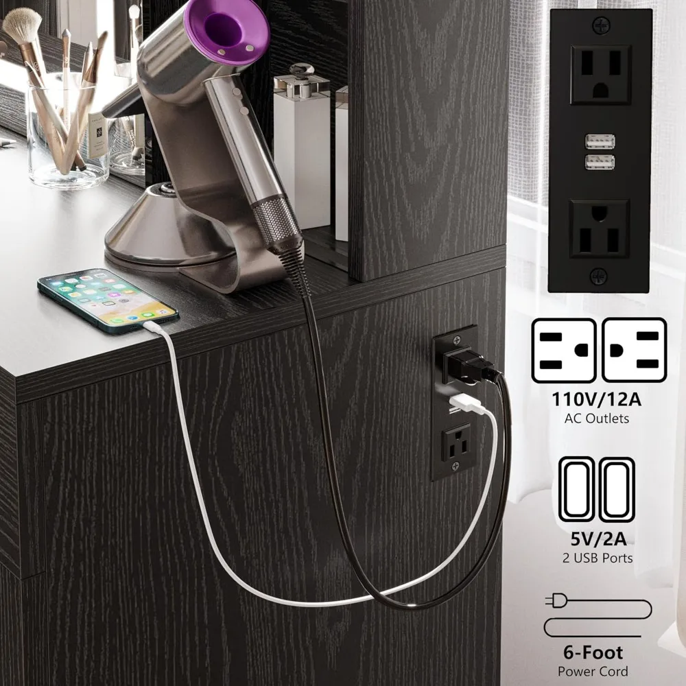 IRONCK Vanity Desk Set with Large LED Lighted Mirror & Power Outlet, 7 Drawers Vanities Dressing Makeup Table with Storage Bench