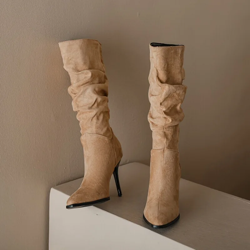 

Large size Fashionable and personalized simple women's boots Thin heel Super high heel Pointed toe Pleats Banquets Retro simple