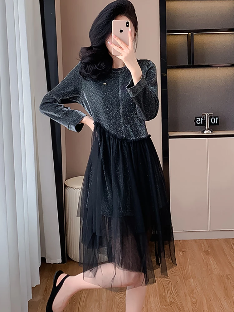 

Женское модное лоскутное сетчатое платье миди с рюшами, осень-зима, корейское винтажное роскошное платье, 2025 г., элегантное облегающее праздничное платье, Vestidos