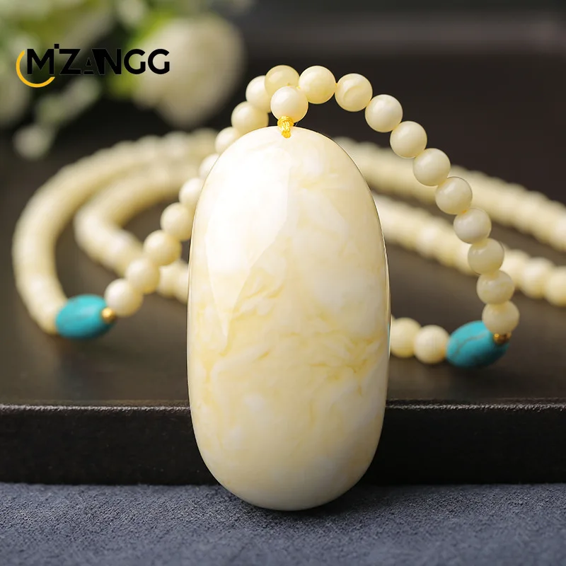 

Natural White Beeswax Pendant Necklace Beautifully Simple Hand-carved Amber Sweater Chain Vintage Jewelry Ladies Holiday Gift