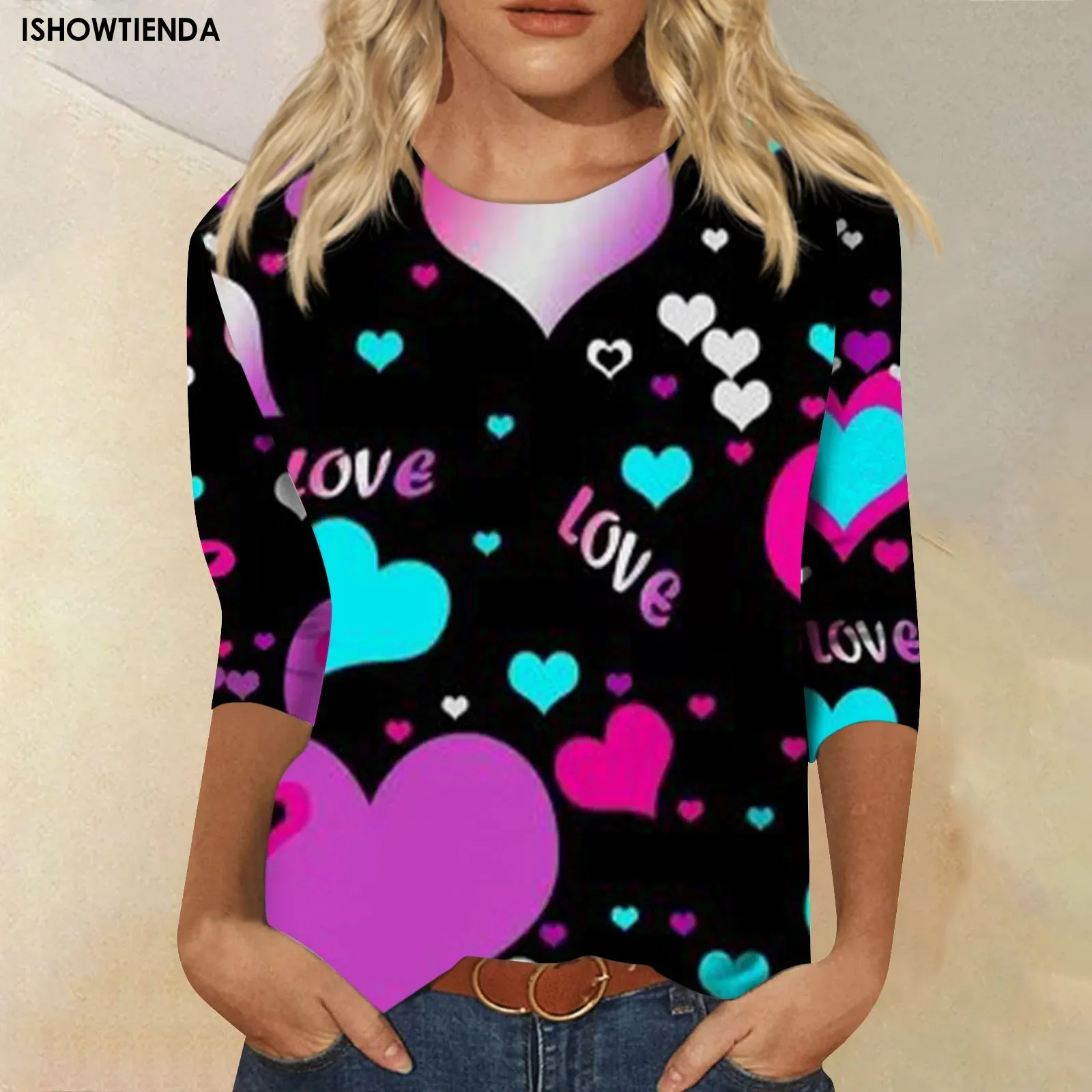 T-Shirt stampata di nuova moda alla moda san valentino manica 3/4 donna Casual autunno inverno Pullover allentato maglietta femminile da donna a