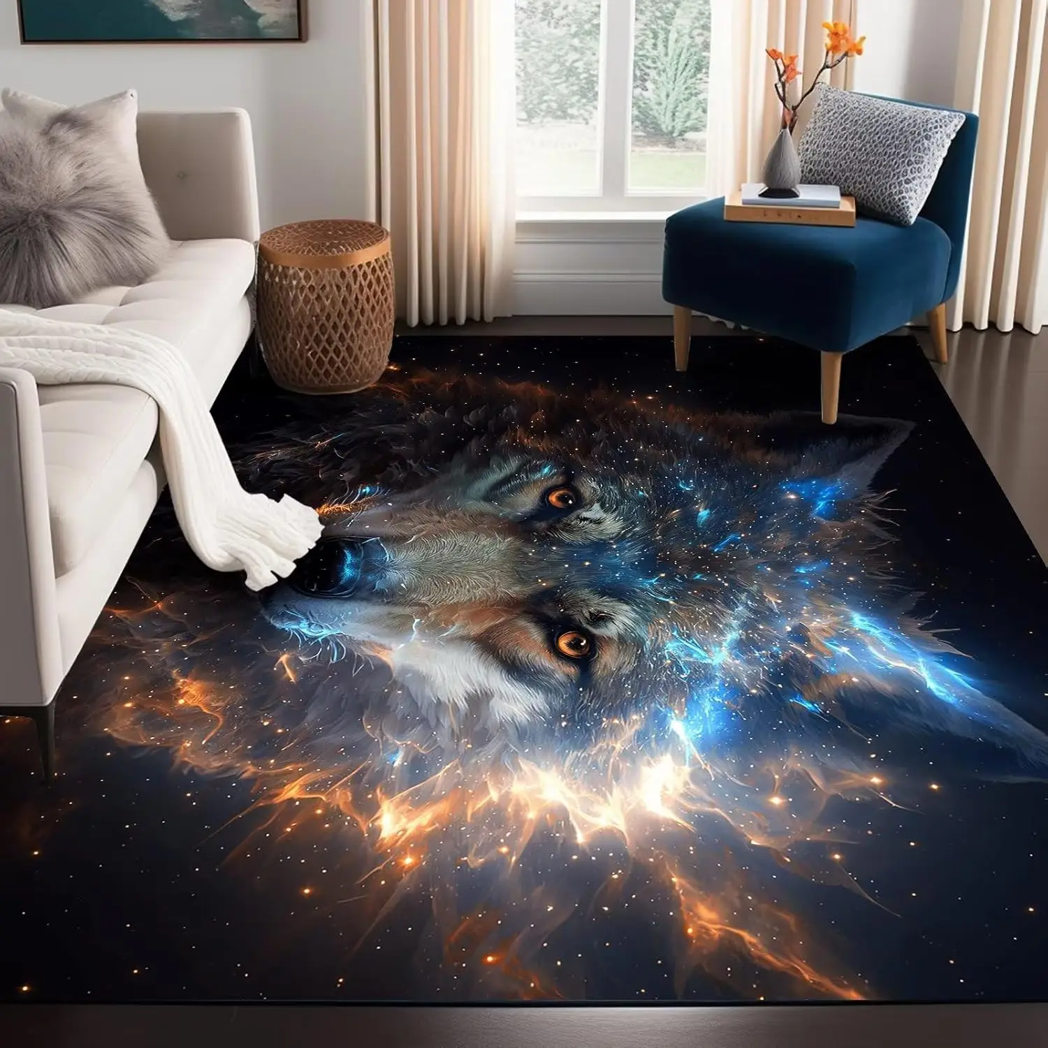 Galaxy Wolf Rug Fierce Animal Area Rugs Washable Funny Non Slip for Kids Bedroom Living Room Throw Rugs Carpet Durable Floor