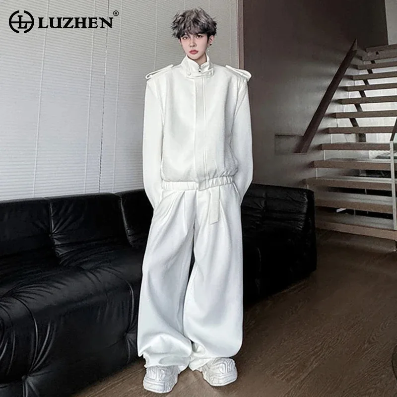 

LUZHEN Fashion Street Two-piece Sets 2025 Autumn Stand Neck Shoulder Pad Jacket Men's Loose Straight Casual Pants Clothes JY3812