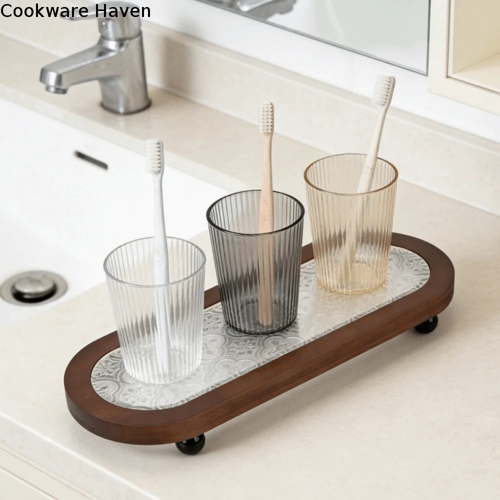 Embossed Pattern Oval Wooden Decorative Tray Large Capacity Space Saving Wooden Vanity Tray Round Ball Feet