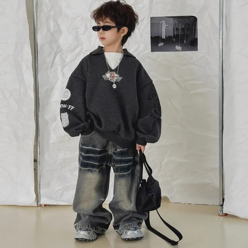 

Флисовый свитер из двух частей с лацканами для мальчиков, детский термотоп, новинка зимы 202, зима