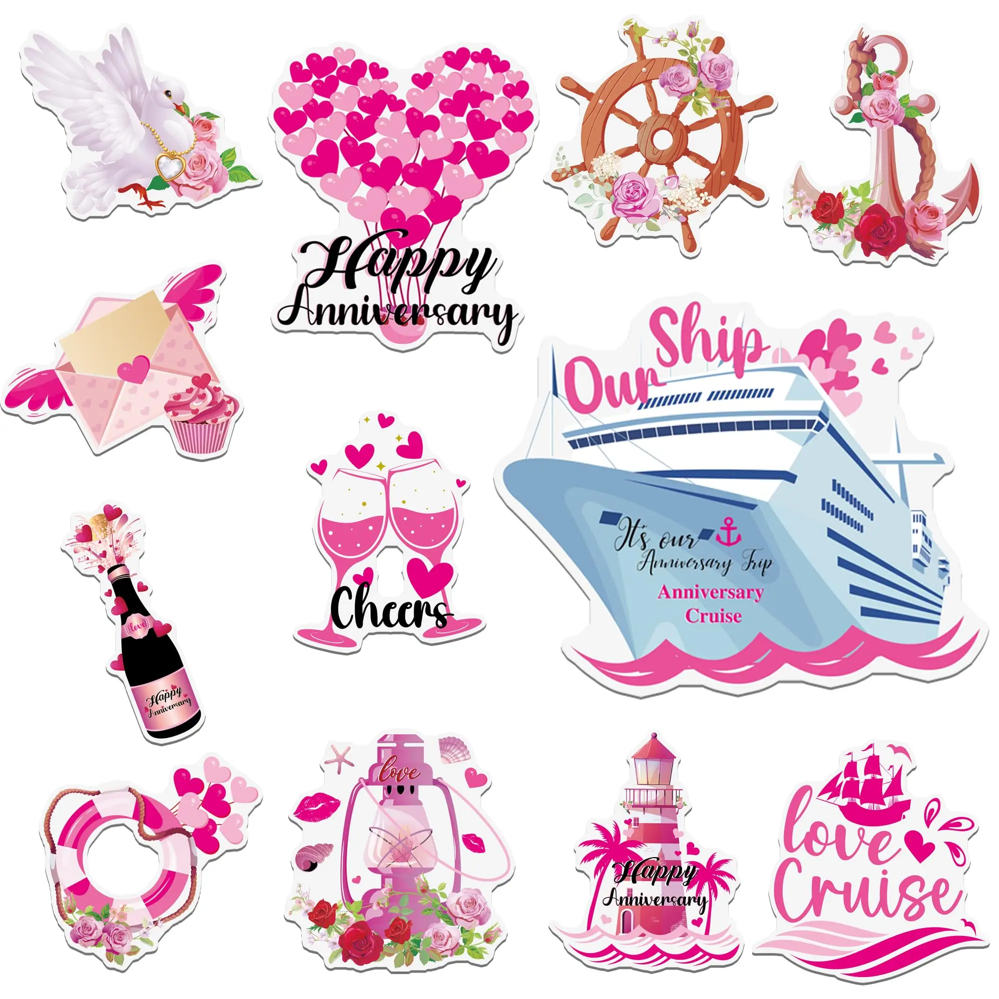 

12 Pcs Anniversary Cruise Door Decorations Magnetic - Pink Love Cruise Our Ship Anniversary Cruise Door Magnets