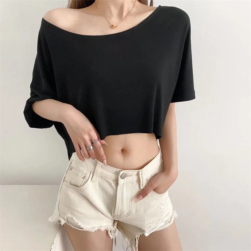 Amerikaanse Lazy Sle Sexy Een oulder f Sve Casual Losse Navel Verzwakte ort Sve T-shirt Streetwear Pure Kleur