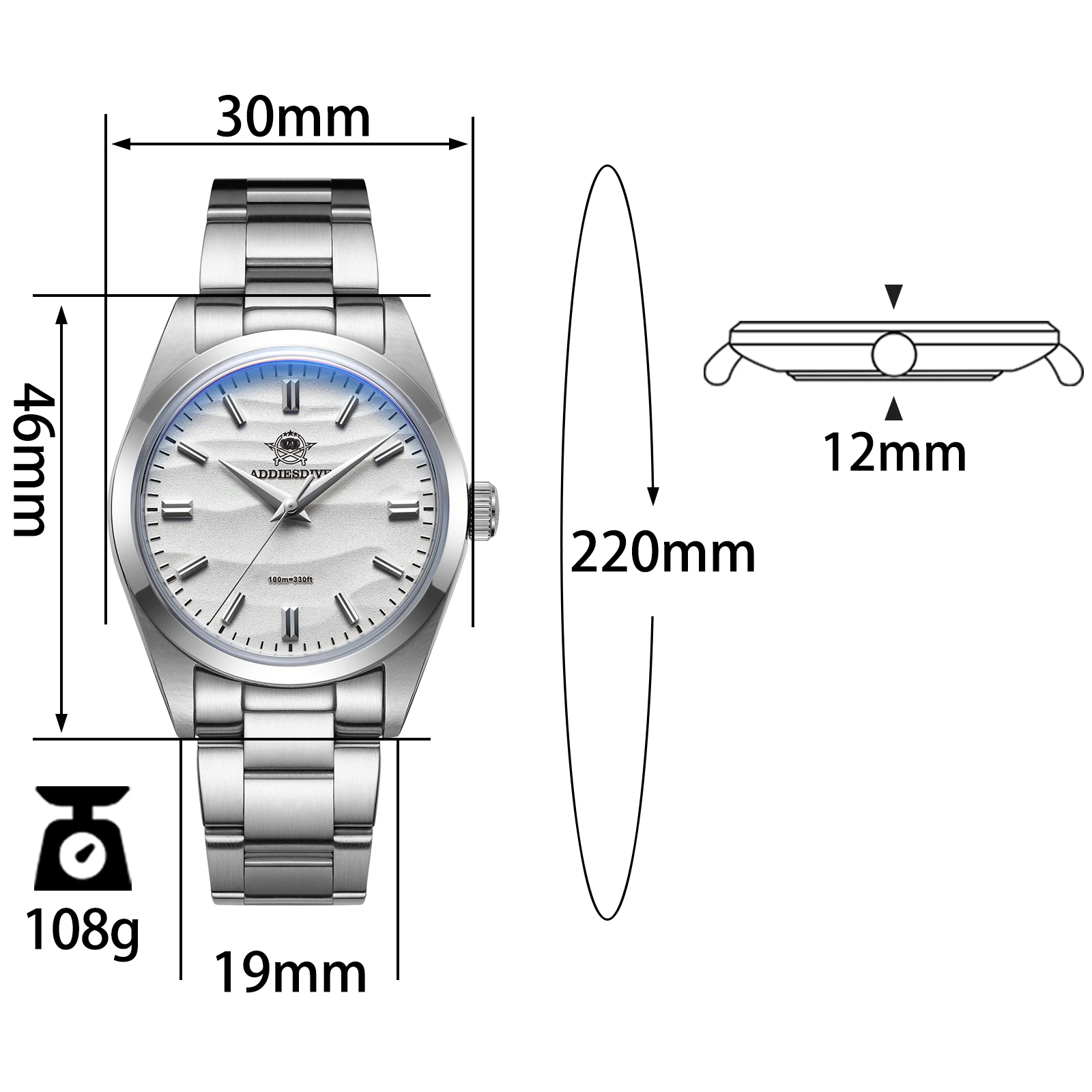 ADDIESDIVE-reloj de cuarzo de acero inoxidable para hombre, pulsera analógica de buceo, resistente al agua, con espejo de burbuja de cristal, de ocio, de lujo, 100m