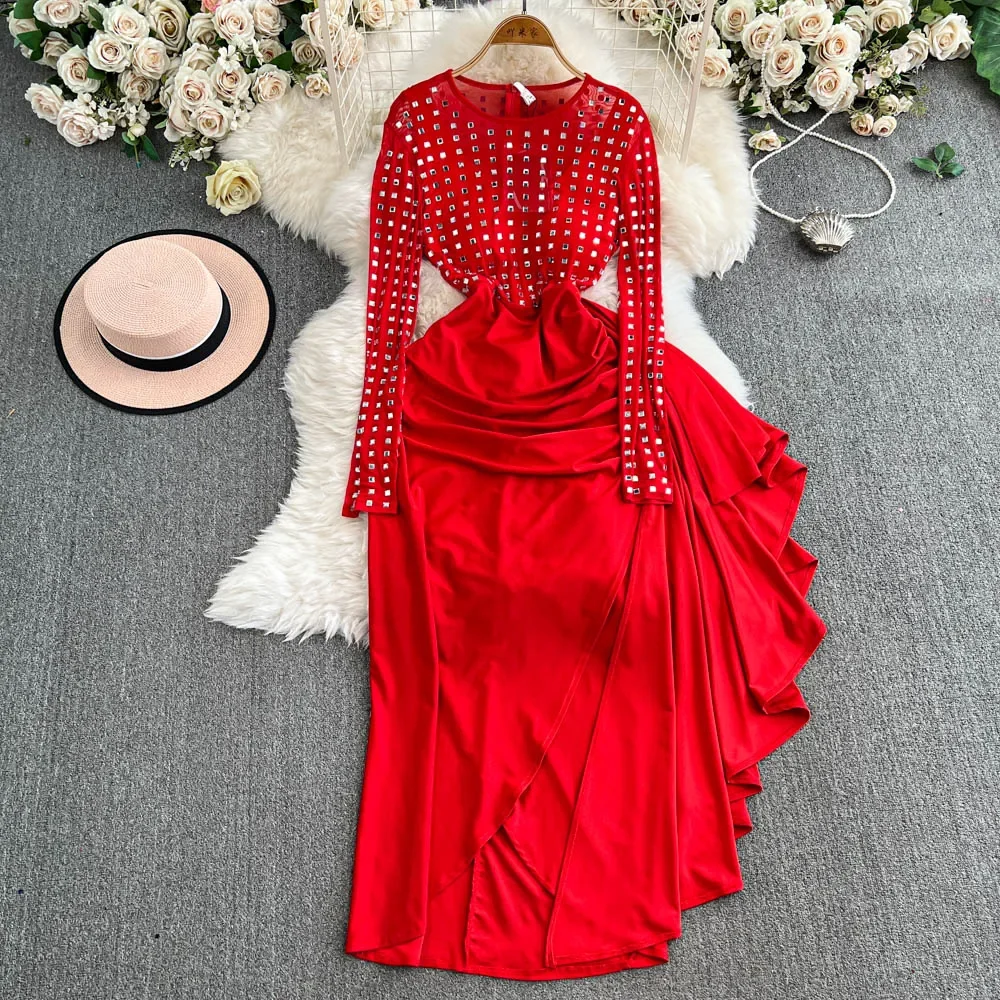 Elegant Long Sleeves Vintage O-neck Chic Rhinestone Mesh Pleated Ruffle Slim Dresses Evening High Street Autumn Winter Clothing