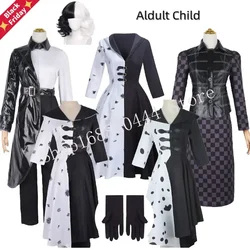 101 dalmata serie Cruella De Vil Costume Cosplay cappotto in pelle nero bianco gonna lunga parrucca donna uomo moda Halloween Suit