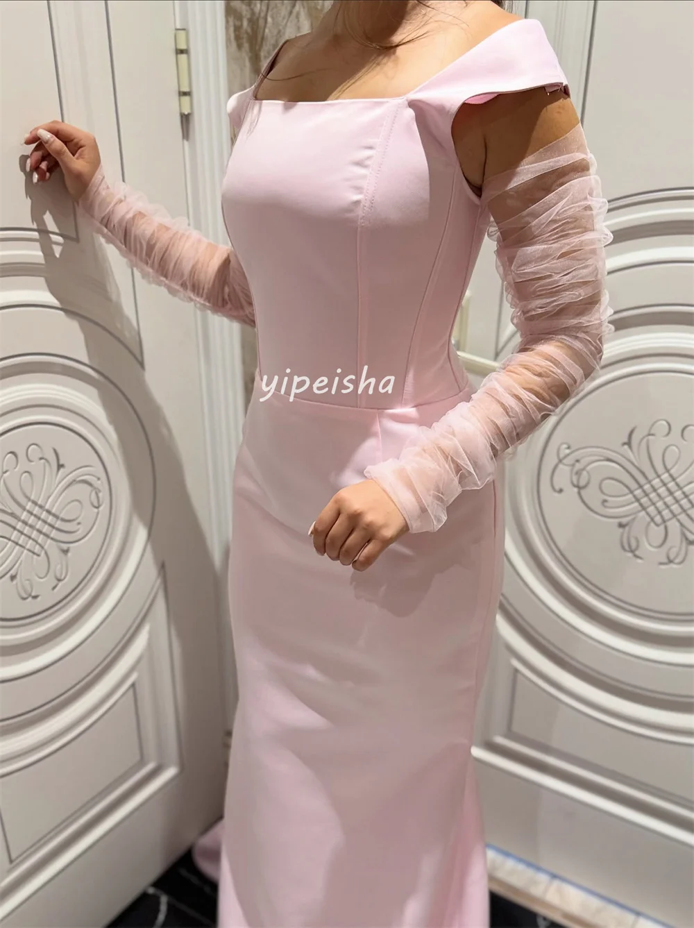 Maßgeschneiderte, passende, sexy Jersey-Falten-Meerjungfrau-Kleider, schulterfrei, lange Kleider, maßgeschneiderte Anlasskleider, Größen erhältlich, klassisch