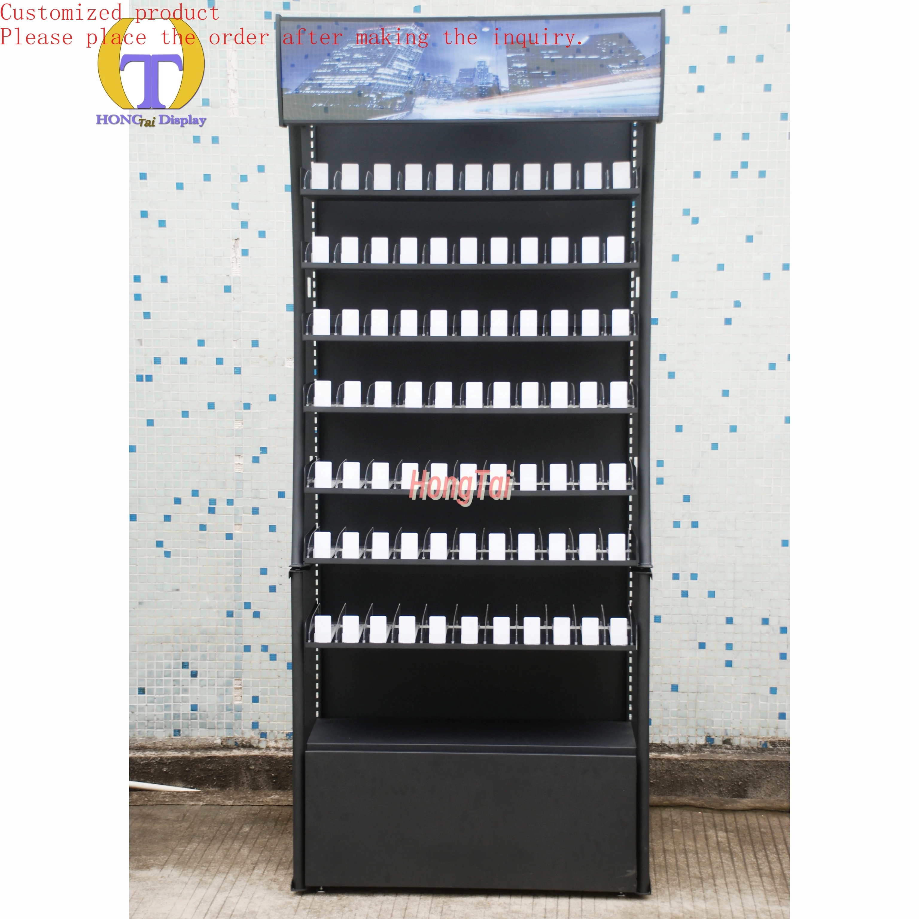 Custom.LED Lighting Iron Metal Cabinet with Light Box Smoke Display Pusher for Tobacco Display Showcase Shelf
