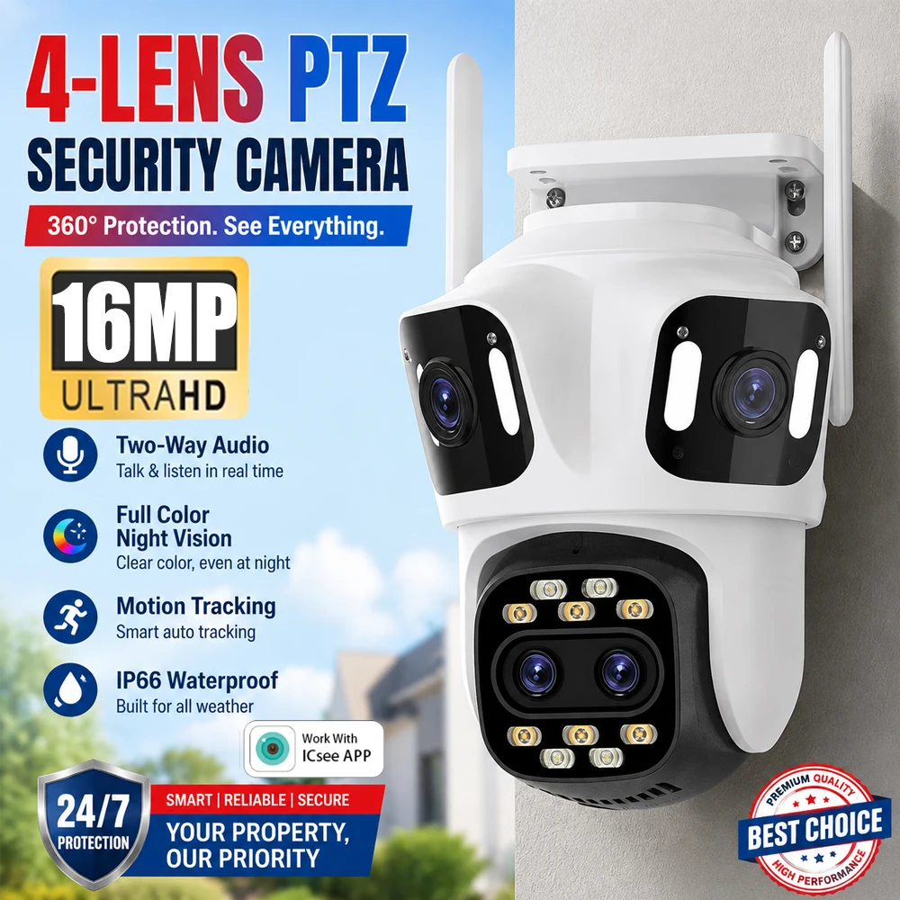 16MP 4‑Lens 4‑View WiFi PTZ Security Camera 8X Digital Zoom Motion Tracking Color Night Vision Waterproof Outdoor Surveillance