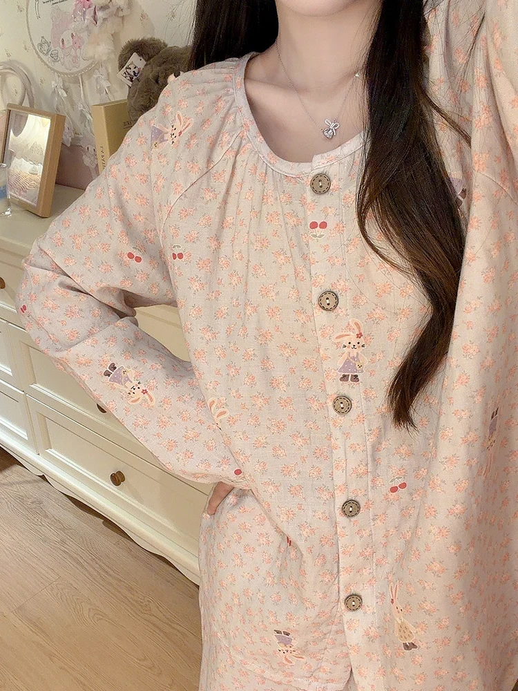 綿ナイトガウン女性の長袖ラウンドネックホーム服セット甘いスタイル快適な柔らかい素材春秋着用