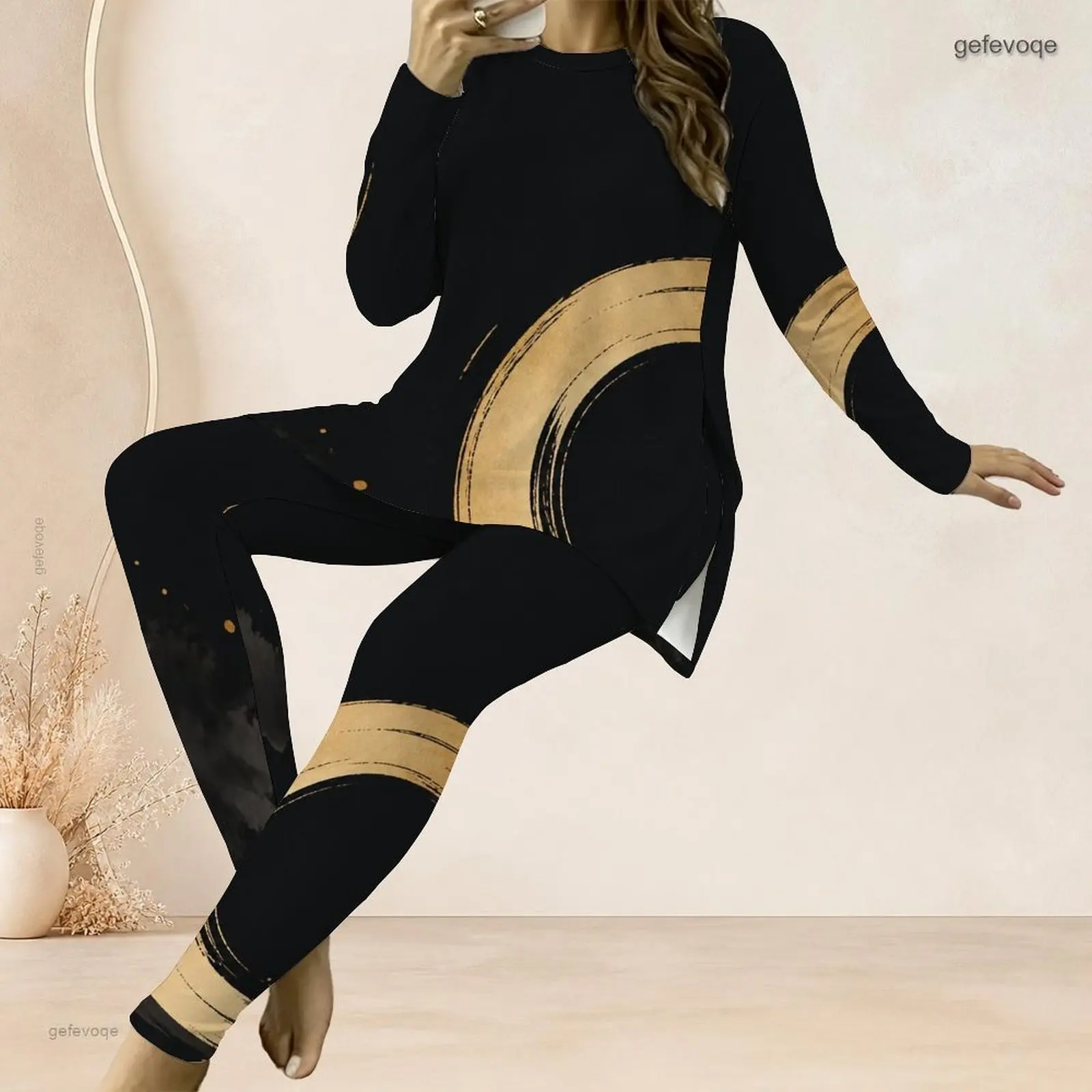 Women Black Golden Curved Brush Print Round Neck Long Sleeve Top And Fitted Leggings Two Piece Pants Set