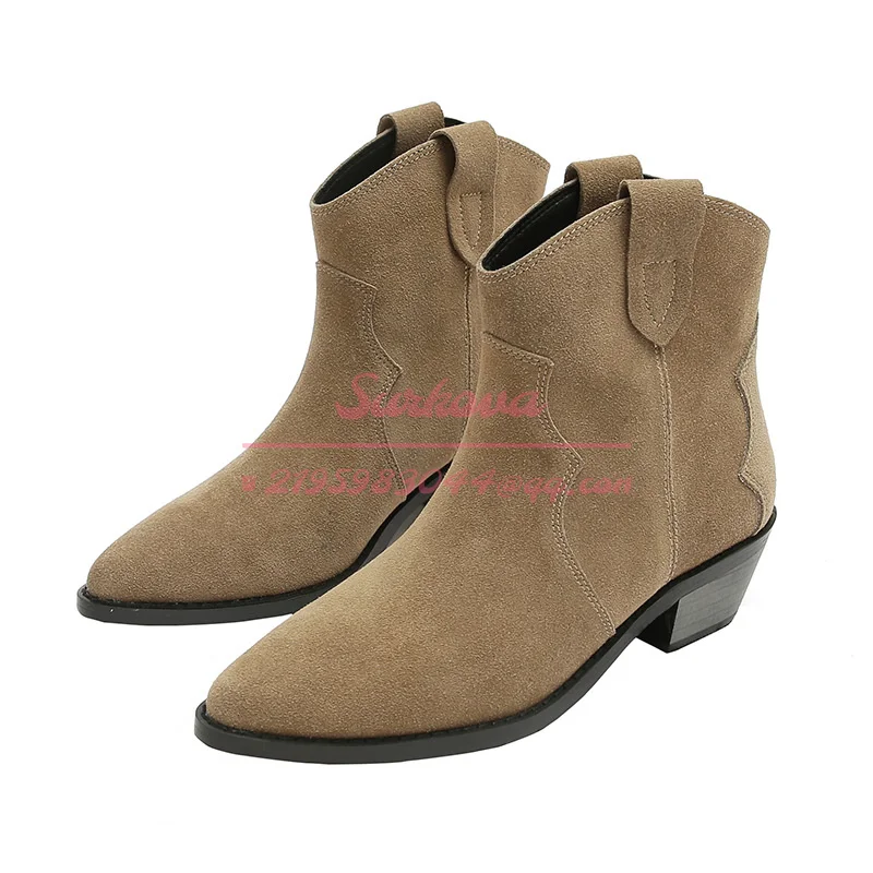 2022 European Fashion Boots Denim Suede Medium Thick Heel Pointed Toe Slip On Retro Short Boots Chelsea Autumn Winter Women Shoe