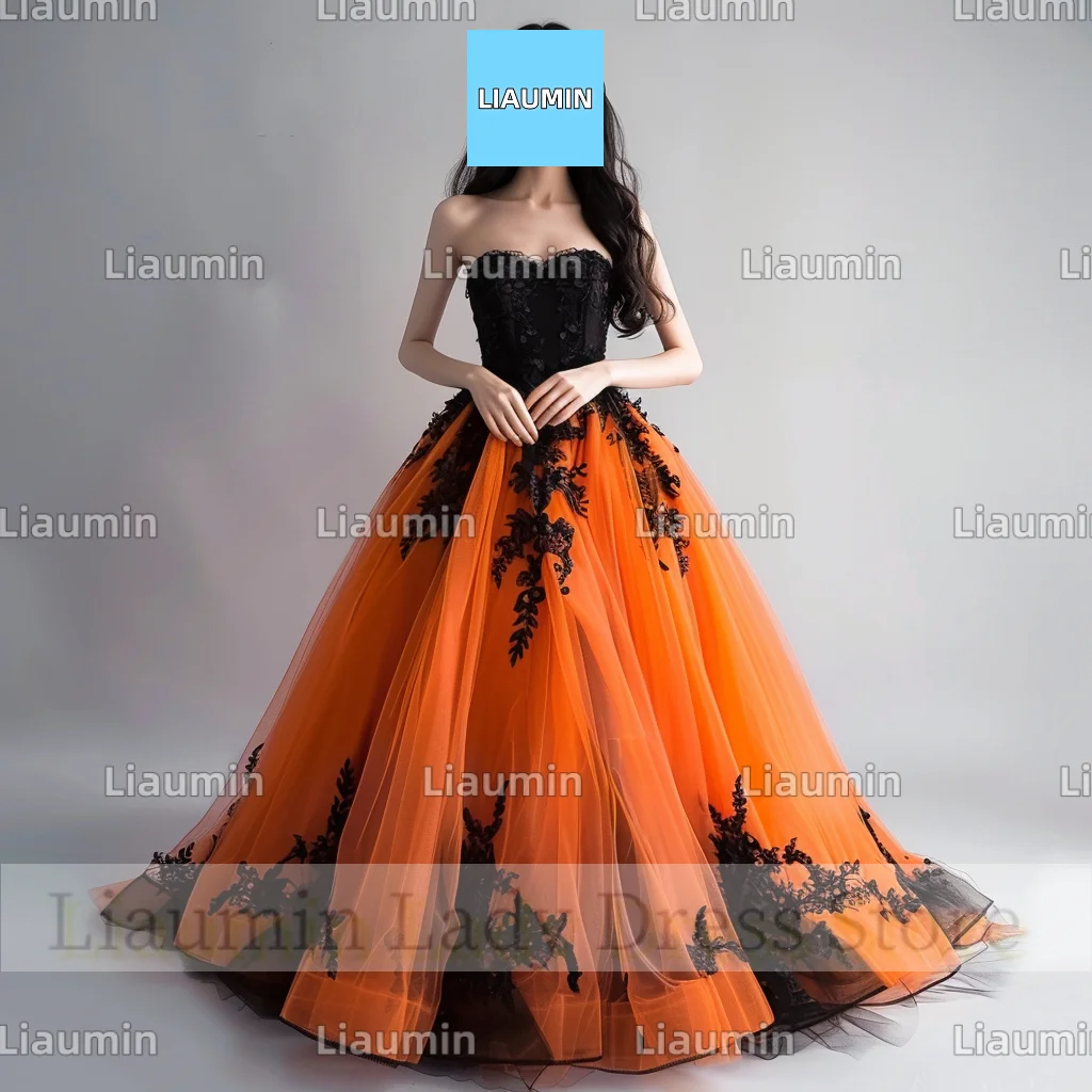 Classic Hand Made Orange Tulle Black Lace Applique Strapless Prom Formal Dresses Evening Clothing Lace Up Back Custom A4-11.3