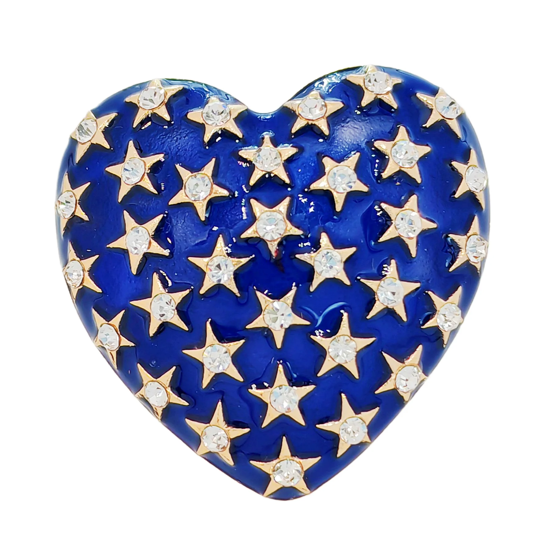 

Elegant Navy Blue Heart Brooch with Gold - outlined Star Crystals