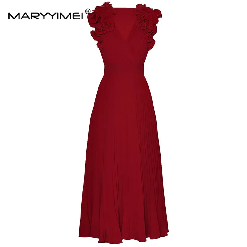 

MARYYIMEI Fashion Designer spring Summer Women's Dress Sexy V-Neck Sleeveless Tiered Ruffles Wine Red Elegant Slim Dresses