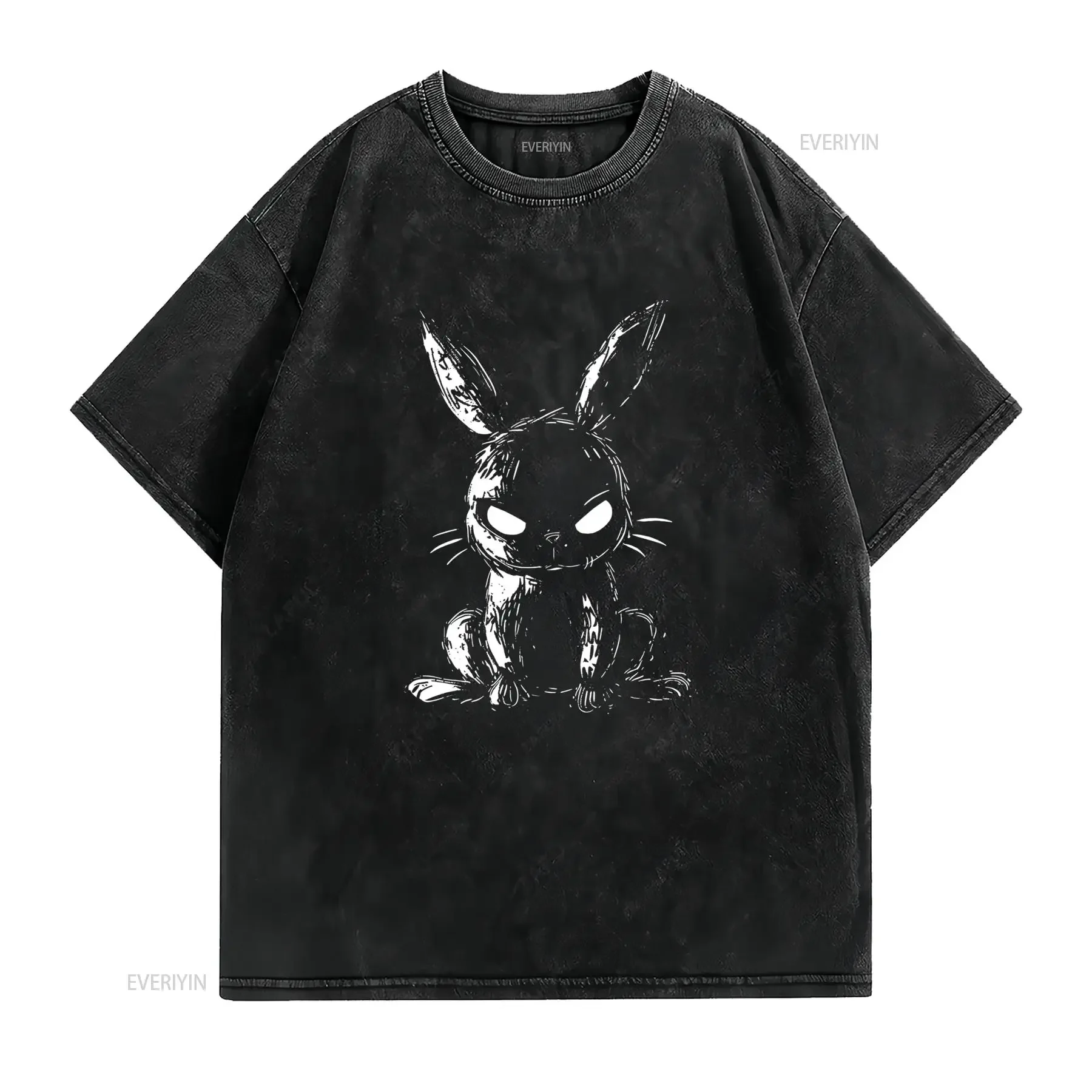 1 Camiseta Negra con Conejo Malvado Enfadado Estampado Gótico Grunge Horror Espeluznante Lindo Diseño de Una Cara Corte Stylish