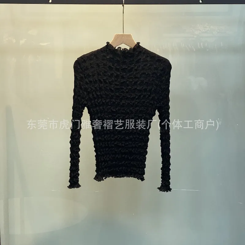 مياكي مطوي الدانتيل قاع تي شيرت الخريف والشتاء جديد سليم رقيقة نصف عالية الرقبة موضة مع بلوزة بأكمام طويلة الملابس