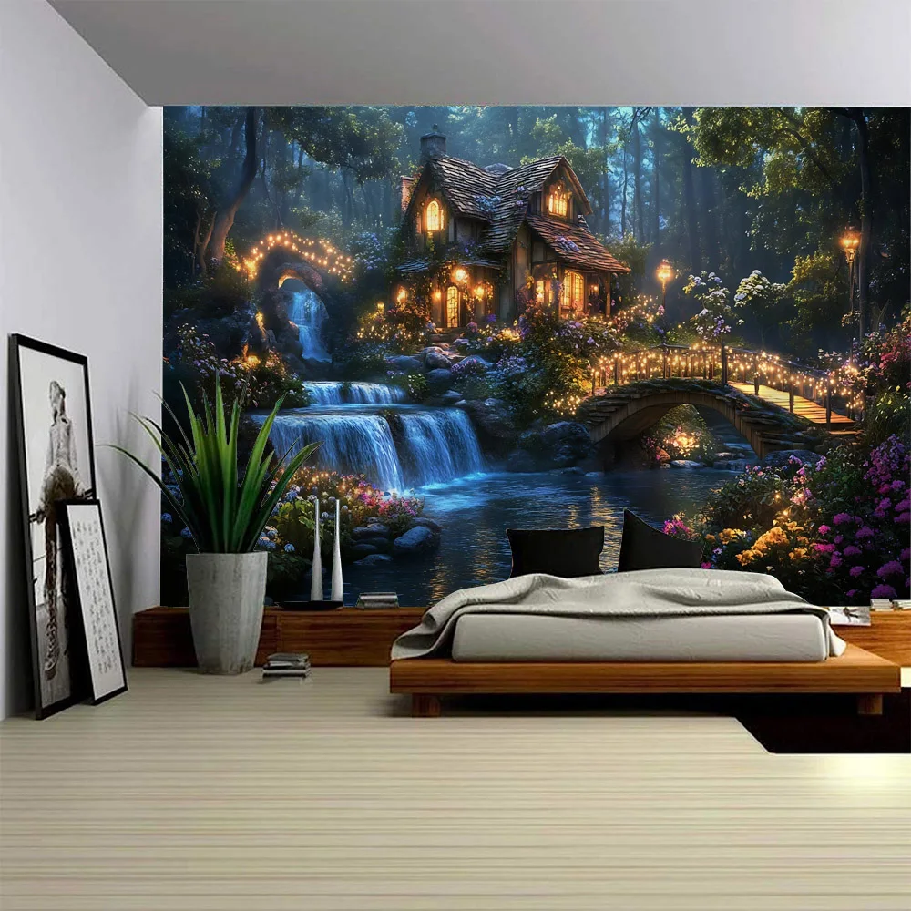 

Psychedelic jungle wooden house tapestry natural landscape wall hanging hippie bohemian bedroom living room home art decoration
