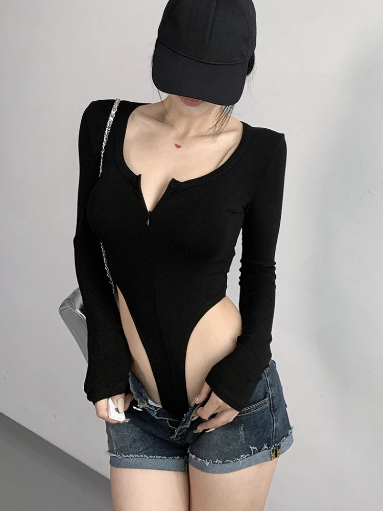 American Spicy Girl – combinaison moulante et Sexy, col en U, fermeture éclair, élastique, couleur unie, manches longues, T-shirt de sport de rue