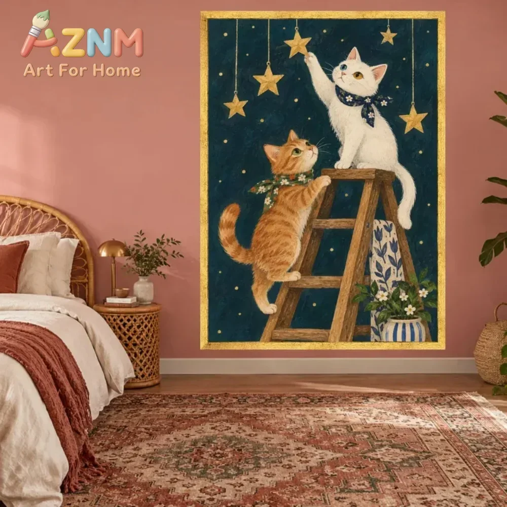 AZNM Cute Cats Reach Stars Canvas Wall Art Cartoon Kitten Ladder Star Night Art Print Unframed Canvas Poster for Bedroom Living