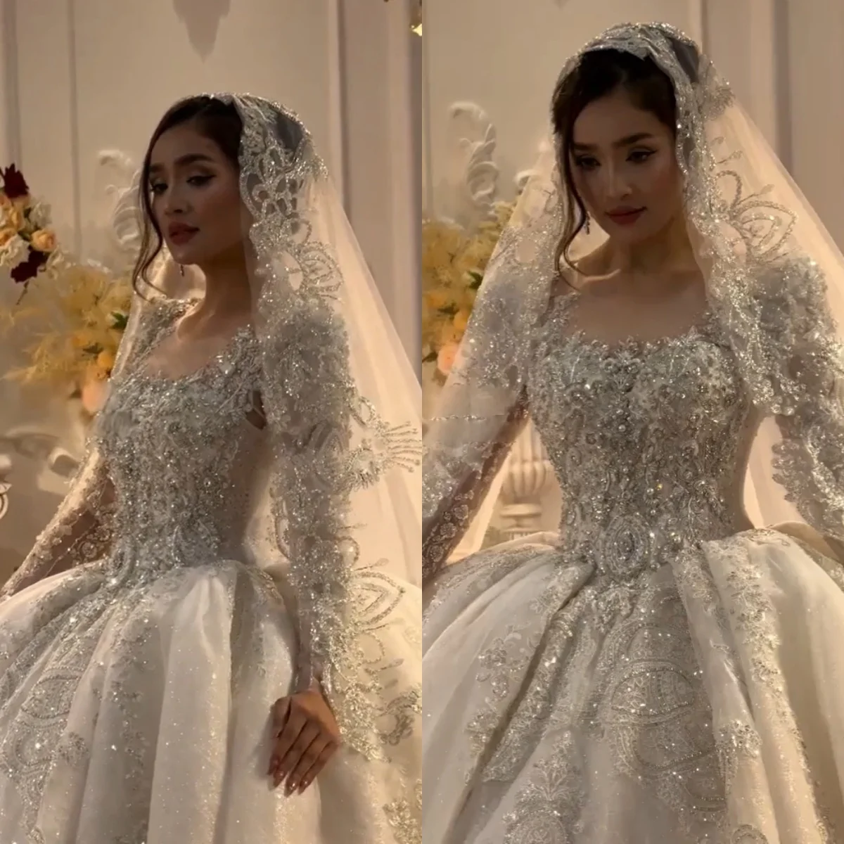

Luxurious Sparkling Princess Wedding Dress Crystal Beads A-line Prom Dresses Sweetheart Long Sleeve Women's Bridal Dress Custom