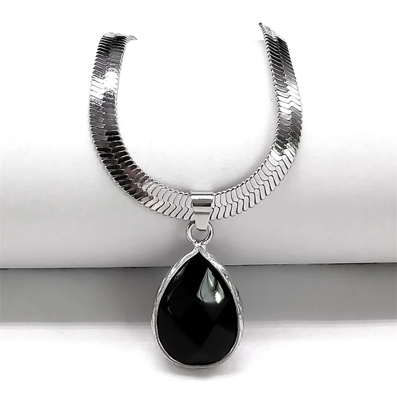 Gothic Wasser Tropfen Schwarz Obsidian Halskette Frauen Edelstahl Schlüsselbein Schlange Kette Choker Naturstein Halsketten Kpop Schmuck – Detail 4