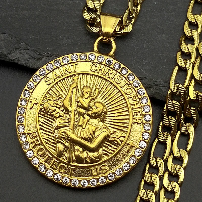 ST.Christopher Protect Us Medal Rhinestones Necklace Saint Christopher Stainless Steel Gold Color Christian Man Chain Jewelry view 4