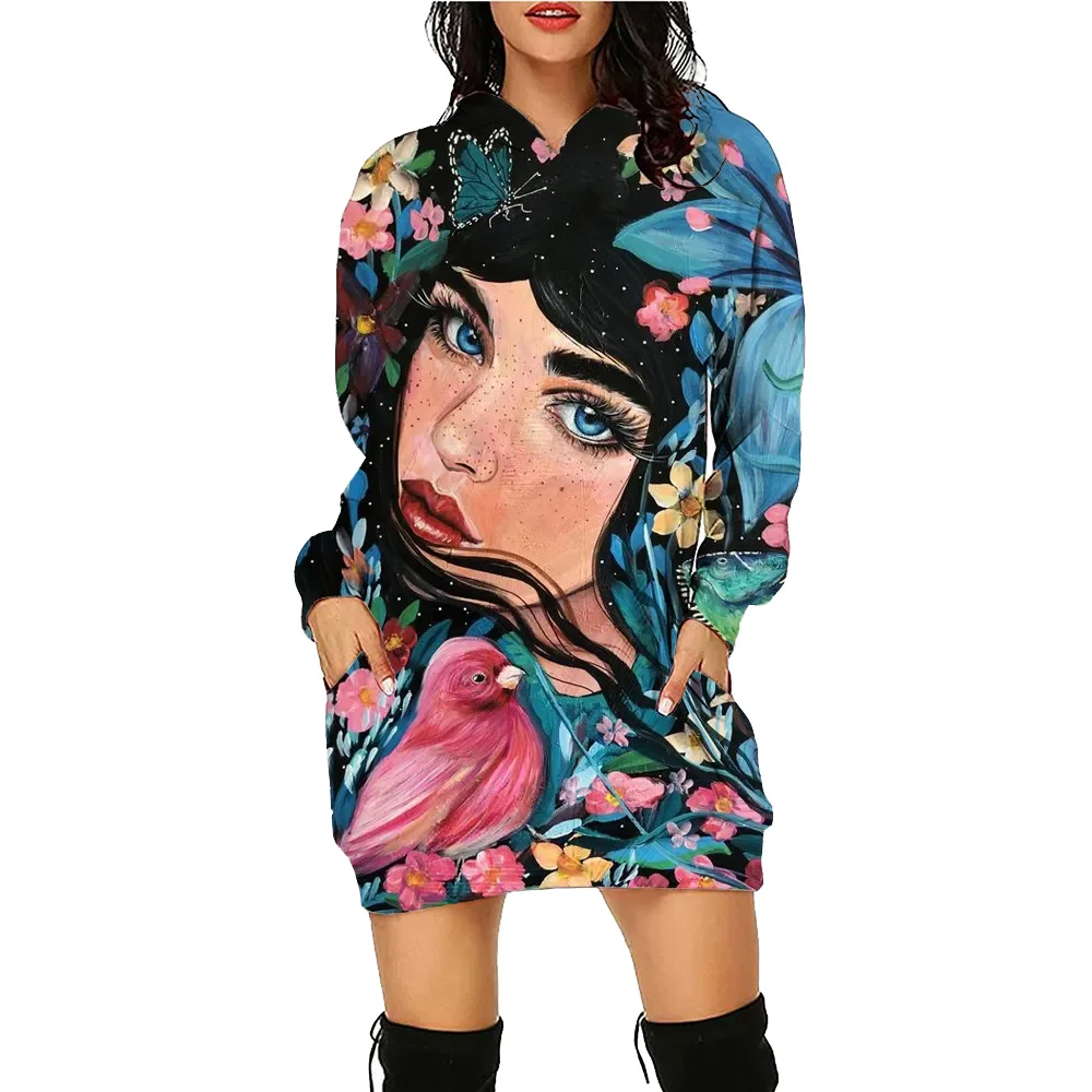 Flower Printed Hoodie Dress Women's Face Daily Workout Hoodies Long Sleeve Pullover Autumn Winter Loose Tee Traf Vestido Floral