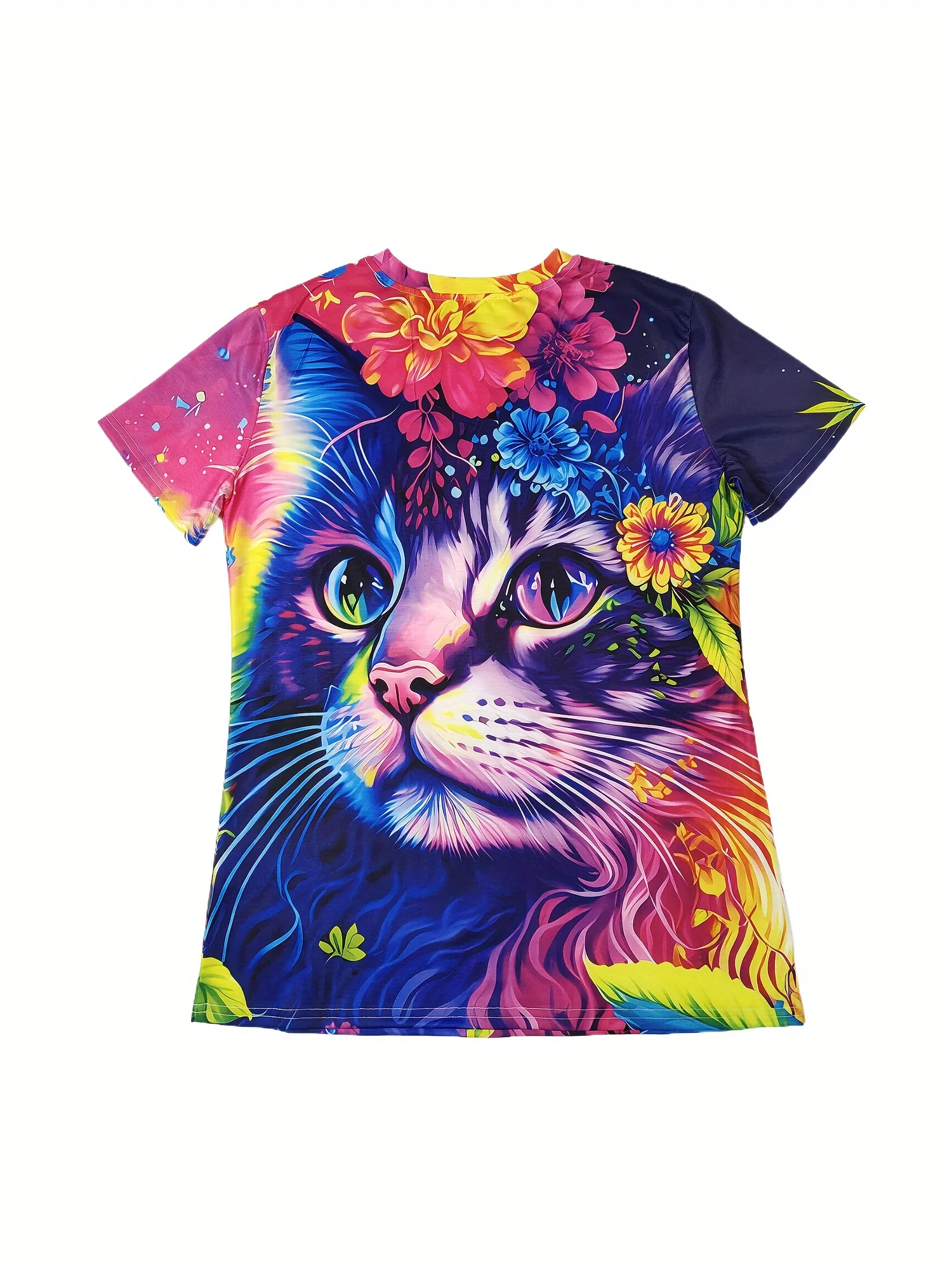 2026 Summer Fashion Rainbow Colored Cat Shaped Adult 3D Retro T-shirt Round Neck Children's Vacation Beach T-shirt Plus Size