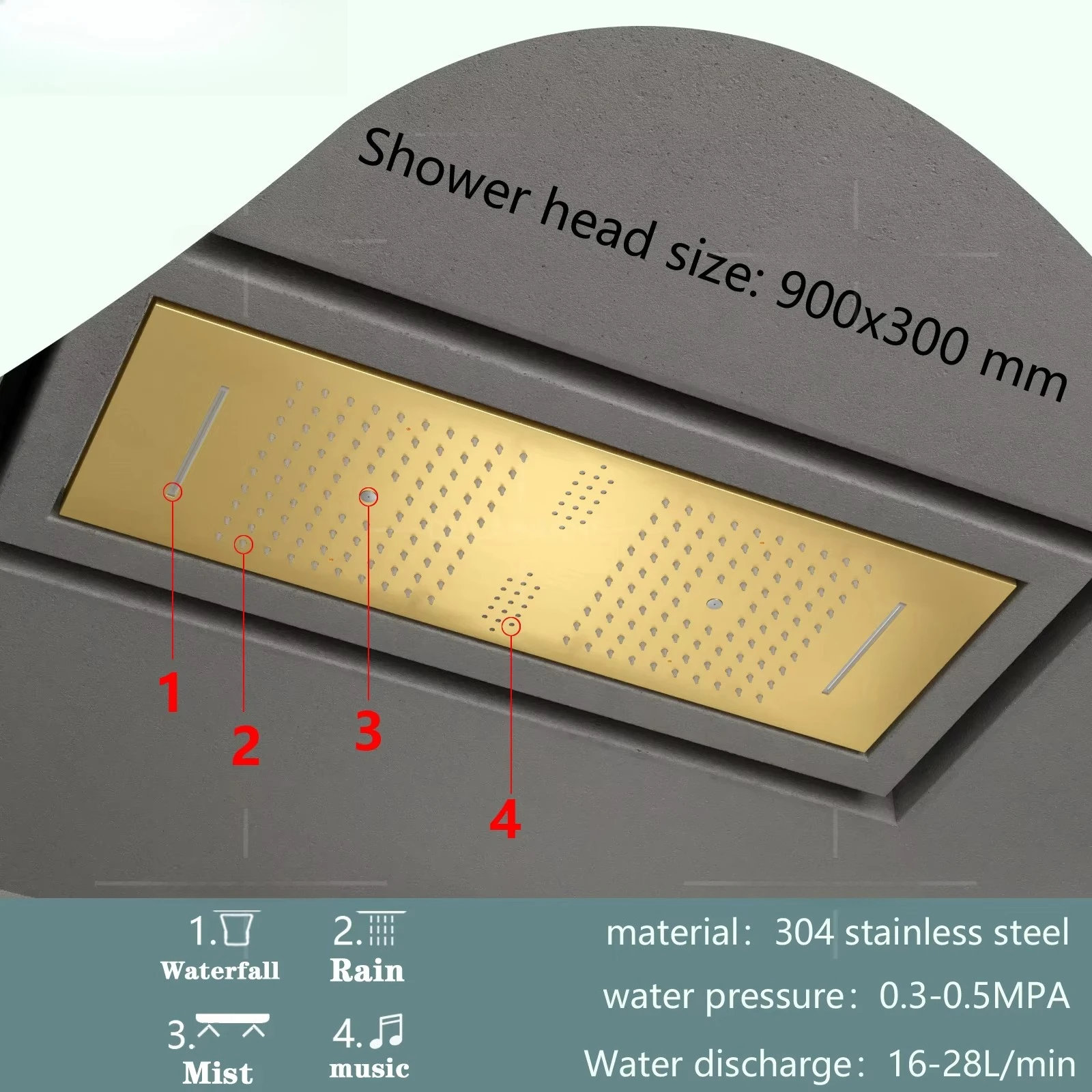 Ceiling 5 Functions 36*12 Inch Music Shower System LED Shower Head Brushed Gold Bathroom Thermostatic Shower Faucet Set