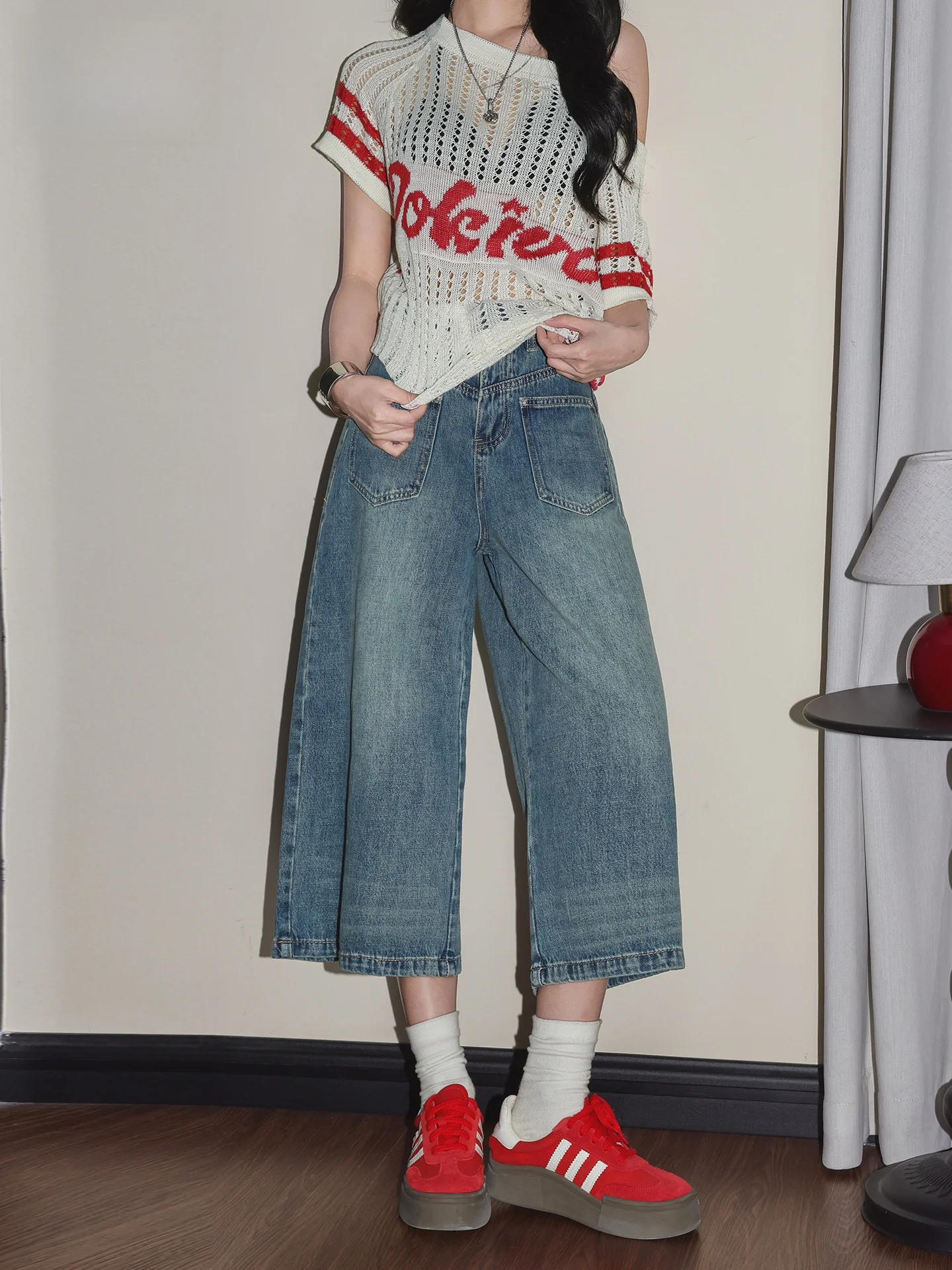 

Retro Washed Blue Denim High Waist Straight Leg Jeans Women's Summer Slimming Loose Wide Leg Pants Casual American Style