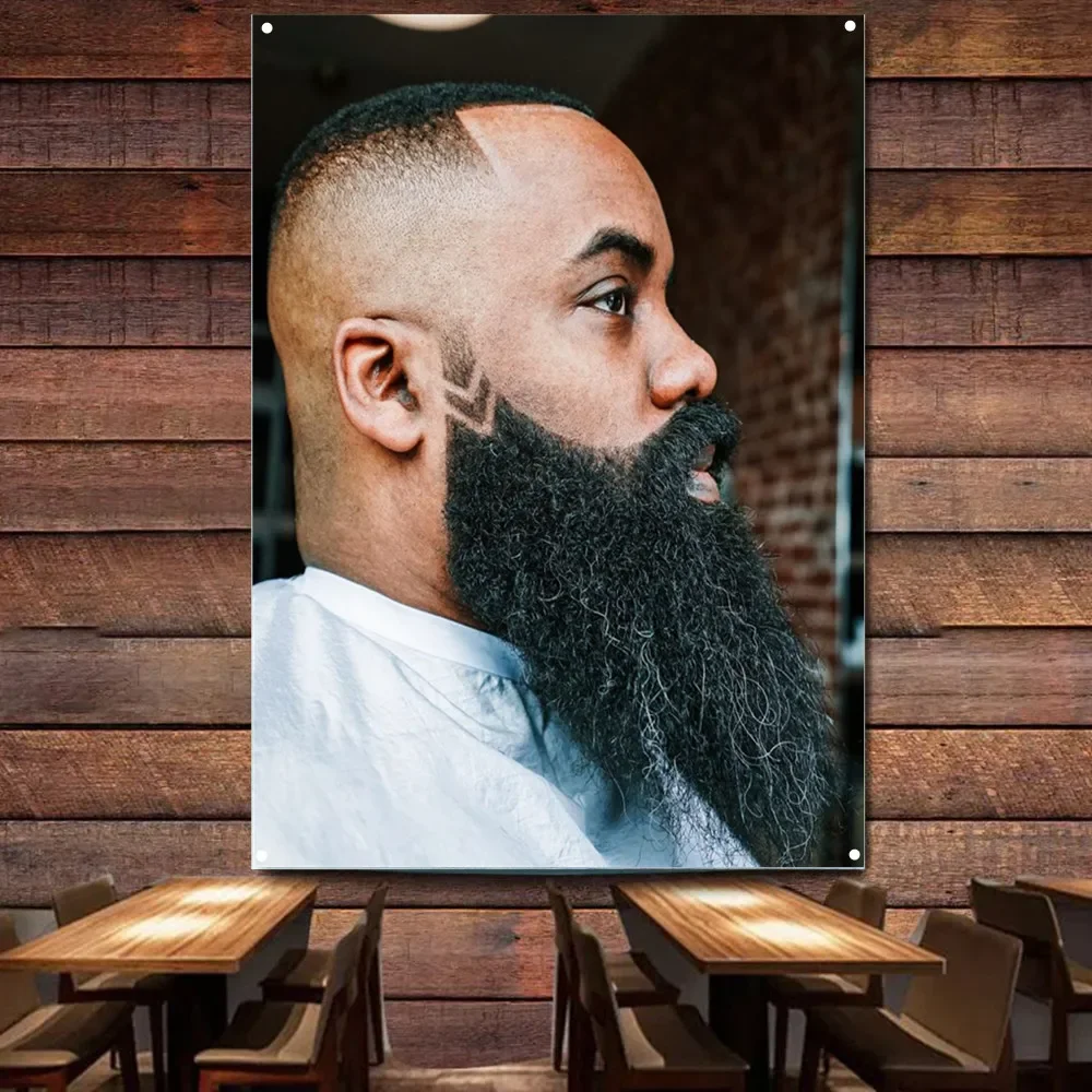 High skin fade haircut Black beard Posters Print Wall Hanging Flag Digital Printing Hairstyling Barber Shop Wall Decor Tapestry