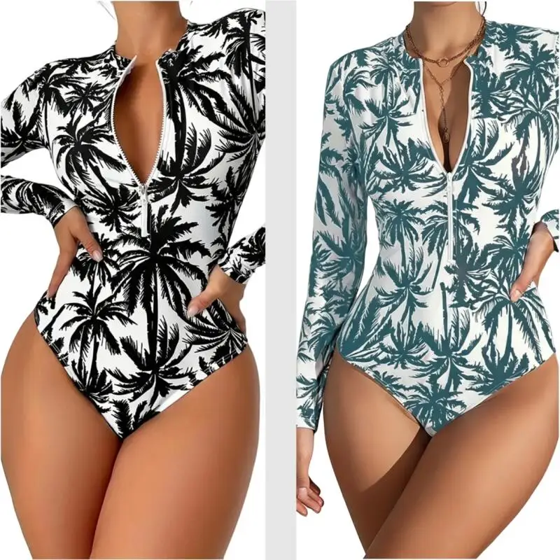 

Новый летний женский спортивный купальник 2026 года с длинным рукавом, принтом пальм, на молнии спереди, для серфинга и пляжа