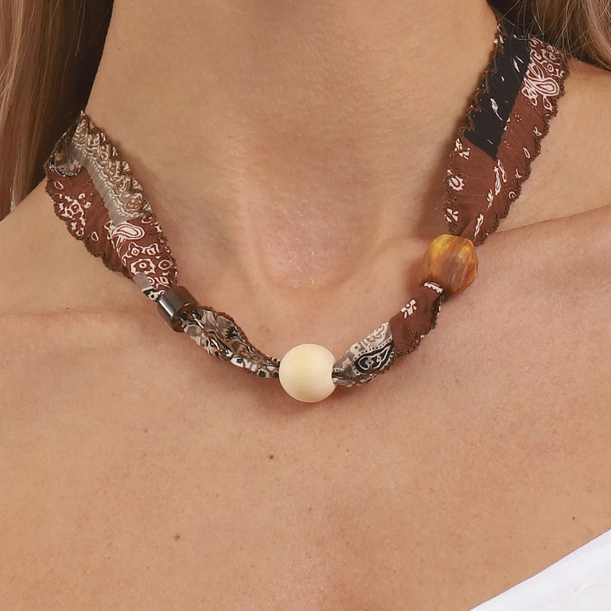 N13143 Retro pattern beaded silk scarf necklace, ethnic style travel wear single item accessories stacked sweater chain